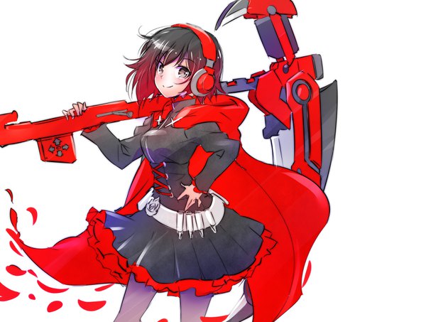 Anime picture 3178x2400 with rwby rooster teeth ruby rose iesupa single looking at viewer highres short hair black hair simple background smile white background holding absurdres red hair long sleeves hand on hip gradient hair silver eyes girl