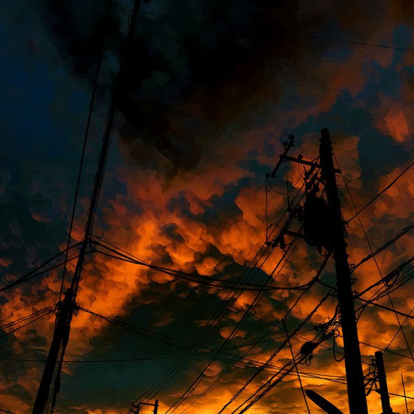 Anime picture 1000x1000 with original sarugetty (artist) sky cloud (clouds) evening sunset wire (wires) power lines