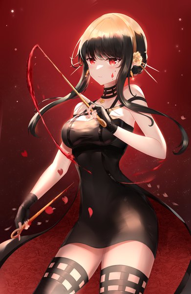 Anime picture 3149x4838 with spy x family yor briar bai qiangwei single long hair tall image blush fringe highres breasts black hair simple background red eyes large breasts standing bare shoulders holding looking away absurdres blunt bangs