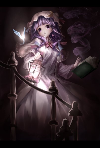 Anime picture 1400x2070 with touhou patchouli knowledge kachayori single long hair tall image looking at viewer fringe purple eyes purple hair girl dress ribbon (ribbons) hair ribbon earrings animal bird (birds) book (books) bonnet lantern