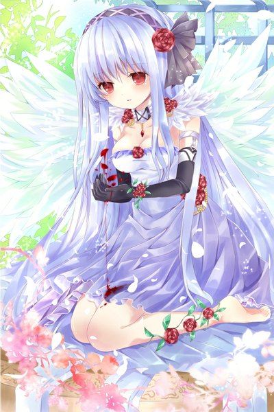 Anime picture 700x1050 with original nanase nao single long hair tall image red eyes white hair girl dress gloves flower (flowers) wings elbow gloves hairband rose (roses) blood