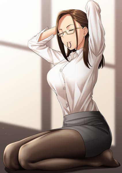 Anime picture 1158x1637 with miru tights okuzumi yuiko zaregoto tsukai no deshi single long hair tall image breasts brown hair large breasts sitting holding full body bent knee (knees) eyes closed arms up shadow no shoes mouth hold adjusting hair arms behind head