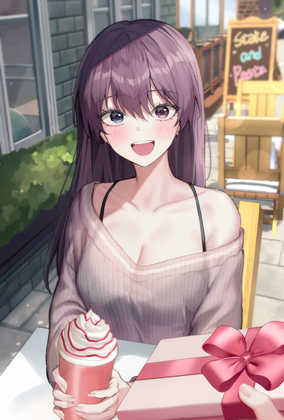 Anime picture 2811x4152 with original luxiel single long hair tall image looking at viewer blush fringe highres breasts open mouth blue eyes light erotic smile hair between eyes large breasts sitting purple eyes bare shoulders holding