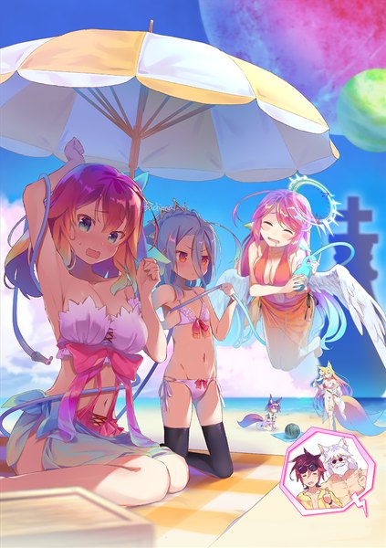 Anime picture 840x1191 with no game no life madhouse shiro (no game no life) jibril (no game no life) stephanie dora sora (no game no life) hatsuse izuna miko (no game no life) hatsuse ino fuchima long hair tall image blush fringe breasts open mouth blue eyes light erotic blonde hair hair between eyes
