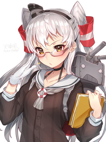 Anime picture 800x1067 with kantai collection amatsukaze destroyer rensouhou-kun mika pikazo long hair tall image looking at viewer blush simple background white background brown eyes signed silver hair two side up adjusting glasses bespectacled girl dress gloves hair ornament