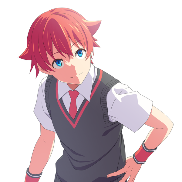 Anime picture 1200x1200 with gridman universe ssss.gridman studio trigger hibiki yuuta bettle (b s a n) single fringe short hair blue eyes simple background hair between eyes white background upper body red hair from above hand on hip looking up shaded face boy uniform