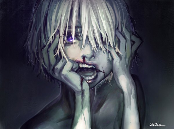 Anime-Bild 1200x890 mit original sono (pixiv) single looking at viewer fringe short hair open mouth blonde hair purple eyes signed hair over one eye teeth dark background hands on face shirtless nosebleed girl blood scratch