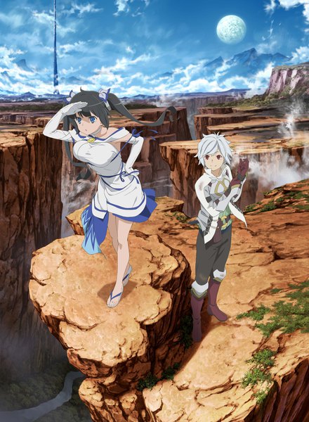 Anime picture 3002x4096 with dungeon ni deai wo motomeru no wa machigatteiru darou ka j.c. staff hestia (danmachi) bell cranel tagme (artist) long hair tall image fringe highres short hair breasts blue eyes black hair hair between eyes red eyes large breasts twintails looking away absurdres cloud (clouds)