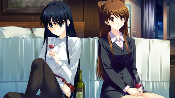 Anime picture 1280x720 with white album 2 touma kazusa ogiso setsuna long hair blush blue eyes black hair brown hair wide image sitting multiple girls yellow eyes game cg girl 2 girls suit wine glass wine