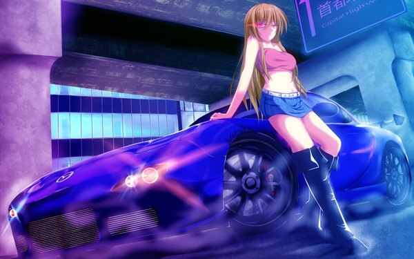 Anime picture 4000x2500 with original mazda nakadadaichi single long hair highres red eyes brown hair wide image absurdres glowing glowing eye (eyes) girl skirt miniskirt boots ground vehicle car