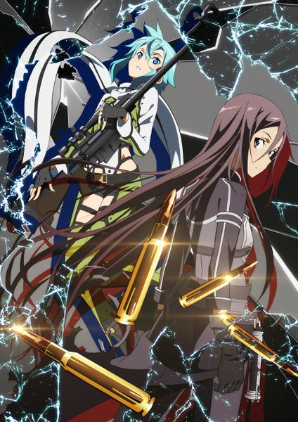 Anime picture 900x1273 with sword art online a-1 pictures kirigaya kazuto asada shino long hair tall image short hair blue eyes black hair blue hair black eyes girl boy gloves weapon fingerless gloves gun sniper rifle cartridge