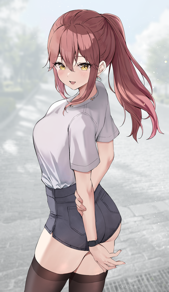 Anime picture 2888x4988 with original liliya (kaetzchen) kaetzchen single long hair tall image looking at viewer blush fringe highres breasts open mouth light erotic hair between eyes standing yellow eyes payot outdoors ass ponytail