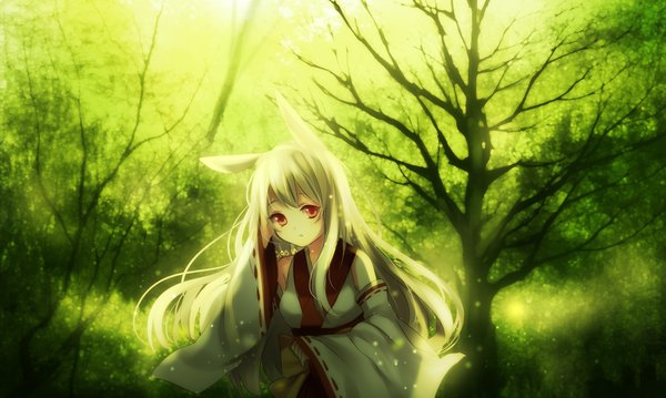 Anime picture 1024x613 with original sasucchi95 single long hair looking at viewer blush fringe breasts red eyes wide image bare shoulders signed animal ears payot upper body white hair long sleeves traditional clothes japanese clothes sunlight