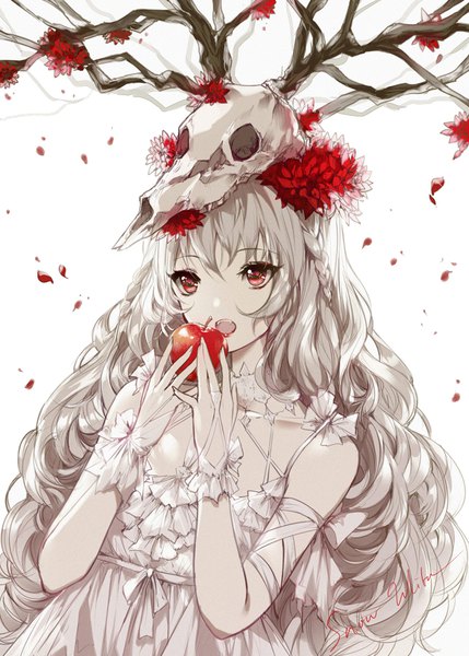 Anime-Bild 684x957 mit original kinokohime single long hair tall image fringe open mouth simple background hair between eyes red eyes white background bare shoulders holding signed looking away silver hair upper body braid (braids) hair flower fang (fangs)