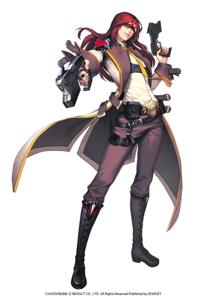 Anime picture 827x1200 with chaos online love cacao single long hair tall image looking at viewer fringe simple background standing white background purple eyes red hair boy weapon boots belt gun thigh boots sunglasses pistol
