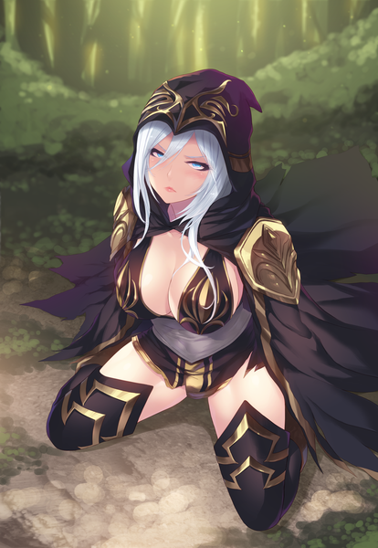 Anime picture 3425x4961 with league of legends ashe (league of legends) cait single long hair tall image looking at viewer blush fringe highres breasts blue eyes light erotic hair between eyes large breasts payot absurdres cleavage silver hair full body