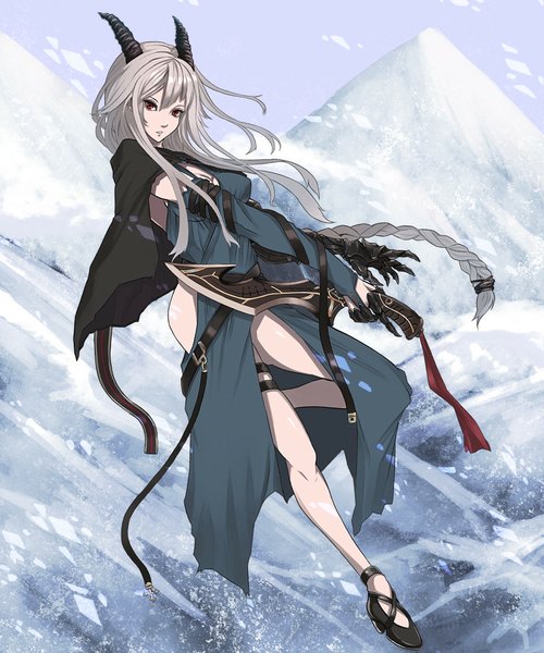 Anime picture 857x1029 with original kuro black single long hair tall image looking at viewer fringe light erotic red eyes holding silver hair bent knee (knees) braid (braids) long sleeves wind bare legs single braid snowing snow mountain
