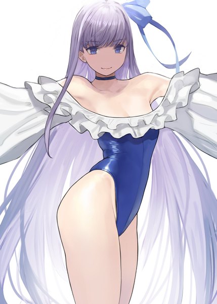 Anime picture 1287x1800 with fate (series) fate/grand order meltryllis (fate) meltryllis (swimsuit lancer) (fate) yomu (sgt epper) single tall image looking at viewer fringe blue eyes light erotic simple background standing white background purple hair blunt bangs very long hair spread arms highleg girl