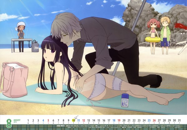 Anime picture 4097x2867 with inu x boku ss david production shirakiin ririchiyo roromiya karuta miketsukami soushi watanuki banri long hair highres short hair blonde hair red eyes purple eyes multiple girls yellow eyes absurdres purple hair white hair red hair lying beach