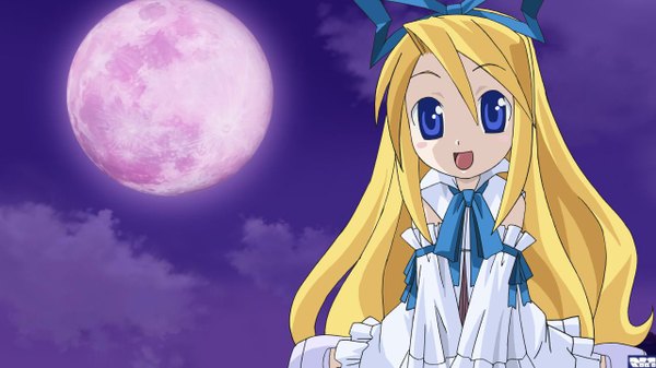 Anime picture 1280x720 with disgaea flonne long hair blue eyes blonde hair smile wide image angel ribbon (ribbons) detached sleeves moon