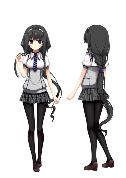 Anime picture 849x1200 with original aixioo long hair tall image blush black hair simple background white background purple eyes dual persona girl skirt uniform school uniform necktie hairband