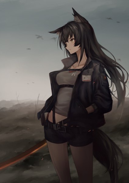 Anime picture 2480x3508 with original kakikurui single long hair tall image fringe highres black hair standing animal ears yellow eyes looking away sky outdoors tail long sleeves parted lips animal tail open jacket wolf ears