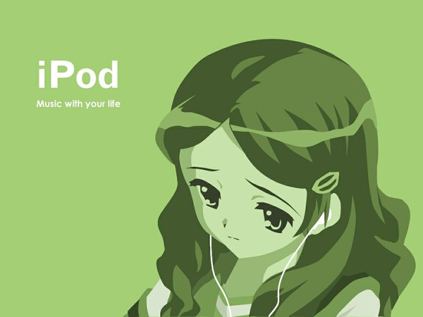 Аниме картинка 1024x768 с меланхолия харухи судзумии kyoto animation ipod kimidori emiri зелёный фон пародия многоцветный девушка