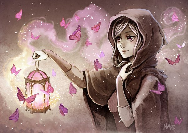 Anime picture 1000x708 with original radittz single long hair blush smile brown hair looking away pink eyes smoke girl hood insect butterfly cape lantern