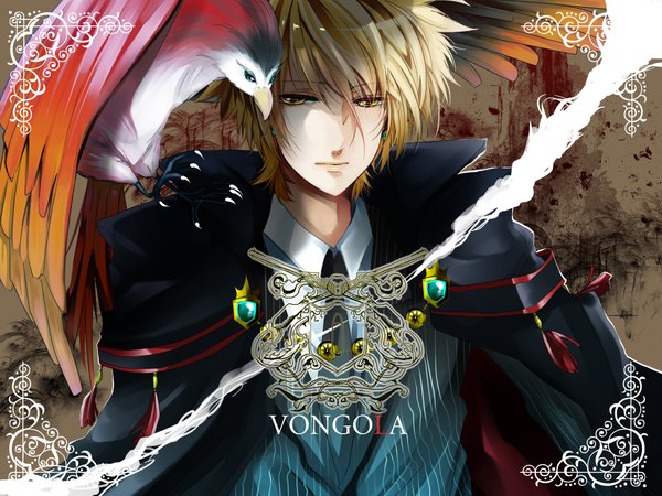 Anime picture 2000x1500 with katekyou hitman reborn vongola primo giotto shoppai (artist) highres short hair blonde hair yellow eyes inscription animal on shoulder bird on shoulder vongola family boy animal bird (birds) cloak