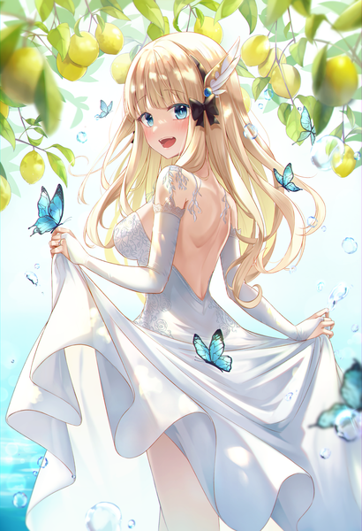 Anime picture 2734x4000 with princess connect! re:dive princess connect! saren (princess connect!) sira (user dswn7488) single long hair tall image looking at viewer blush fringe highres breasts open mouth blue eyes blonde hair smile large breasts standing outdoors blunt bangs