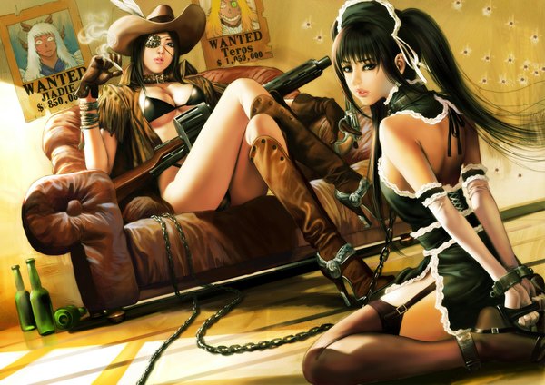 Anime picture 1000x708 with azazel1944 long hair breasts light erotic black hair sitting twintails multiple girls black eyes realistic maid legs crossed legs smoking wanted gangster girl thighhighs gloves weapon