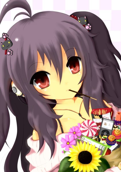 Anime picture 3000x4250 with original ipod kuroneko-w-b single long hair tall image looking at viewer highres black hair simple background red eyes twintails bare shoulders ahoge girl flower (flowers) sweets headphones pocky