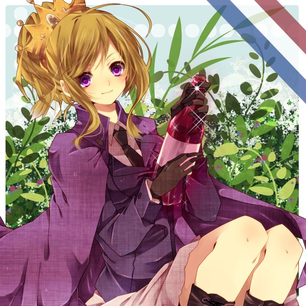 Anime picture 1200x1200 with axis powers hetalia studio deen france (hetalia) single looking at viewer blonde hair sitting purple eyes light smile legs girl gloves plant (plants) necktie suit crown bottle flag