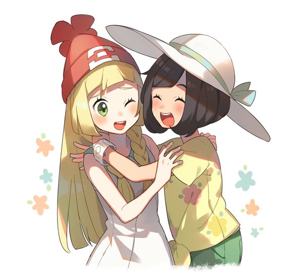 Anime picture 1150x1050 with pokemon pokemon sm nintendo lillie (pokemon) selene (pokemon) unapoppo long hair blush short hair open mouth black hair blonde hair simple background white background multiple girls green eyes braid (braids) eyes closed one eye closed twin braids