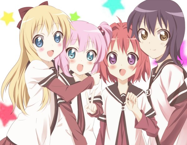 Anime picture 1600x1244 with yuru yuri doga kobo toshinou kyouko akaza akari yoshikawa chinatsu funami yui suzaku (artist) long hair blush short hair open mouth blue eyes black hair simple background blonde hair smile white background purple eyes multiple girls brown eyes