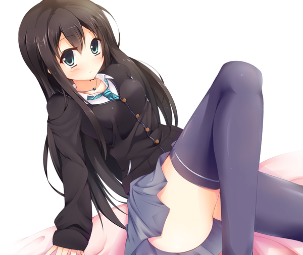 Anime picture 1500x1265 with idolmaster idolmaster cinderella girls shibuya rin mil (siratamamil) single long hair blue eyes light erotic black hair white background legs girl thighhighs skirt uniform black thighhighs school uniform miniskirt