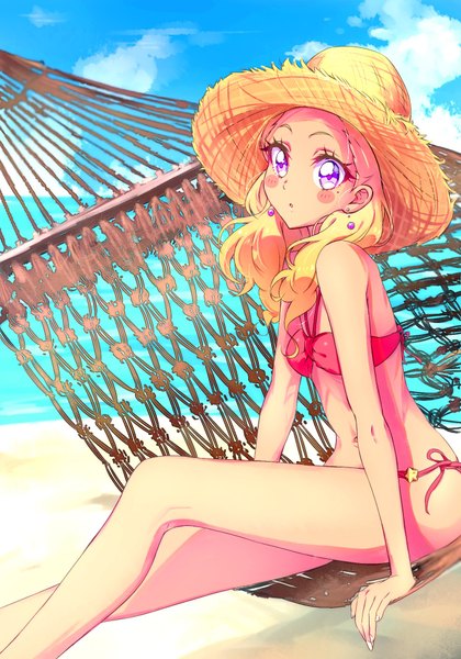 Anime-Bild 1400x2000 mit precure star twinkle precure toei animation amamiya elena kyoutsuugengo single long hair tall image looking at viewer blonde hair purple eyes cloud (clouds) arm support legs beach horizon blush stickers girl swimsuit hat