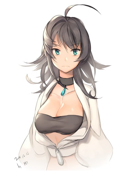 Anime picture 800x1041 with original mt (ringofive) single long hair tall image looking at viewer breasts light erotic black hair simple background white background signed ahoge aqua eyes girl choker