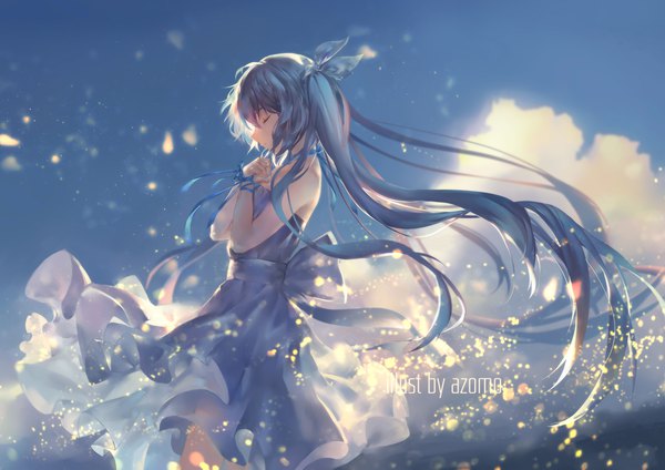 Anime picture 2200x1555 with vocaloid hatsune miku azomo single fringe highres standing twintails bare shoulders signed blue hair sky cloud (clouds) eyes closed very long hair profile wind sleeveless watermark hands clasped