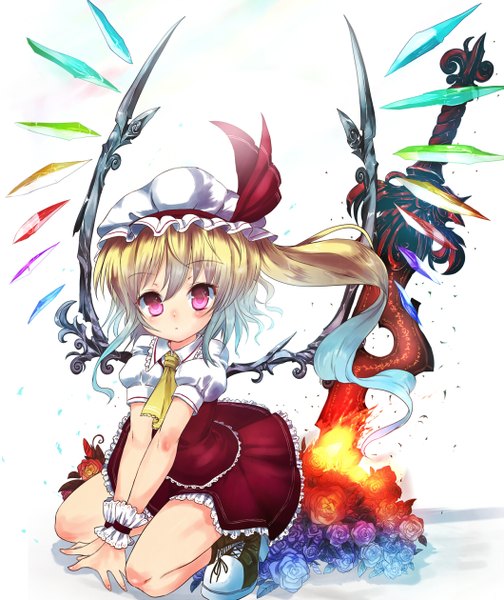 Anime picture 1059x1260 with touhou flandre scarlet sumisu (mondo) tall image blush short hair simple background blonde hair white background pink eyes loli kneeling girl weapon wings boots rose (roses) bonnet crystal flame