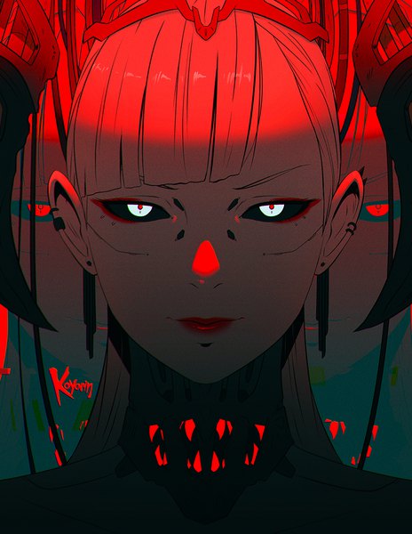 Anime picture 900x1164 with original koyoriin single tall image looking at viewer fringe short hair blue eyes signed upper body blunt bangs horn (horns) lipstick piercing portrait ear piercing shaded face red lipstick makeup polychromatic