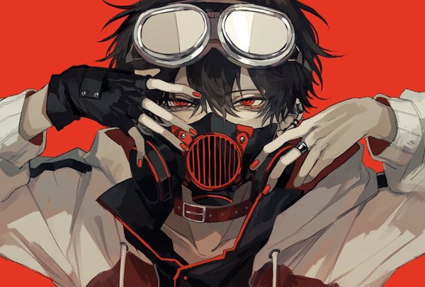 Anime picture 2048x1386 with original kuroume (aihikarikuroume24) single looking at viewer fringe highres short hair black hair simple background hair between eyes red eyes upper body nail polish arms up piercing ear piercing red background red nail polish goggles on head boy