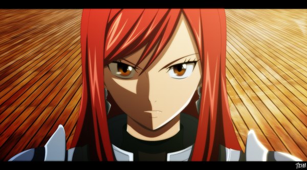 Anime picture 2700x1500 with fairy tail erza scarlet futuretabs single long hair highres wide image brown eyes red hair coloring portrait close-up face girl earrings armor