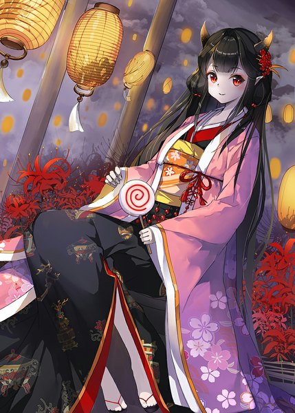 Anime picture 800x1119 with original emyo single tall image looking at viewer fringe black hair red eyes sitting holding bent knee (knees) outdoors very long hair traditional clothes japanese clothes barefoot hair flower horn (horns) fingernails light smile