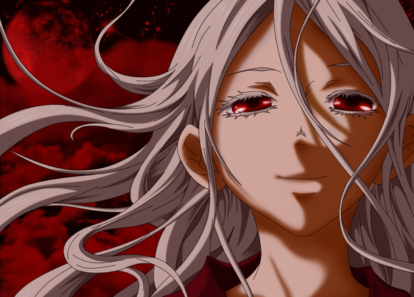 Anime picture 1280x921 with deadman wonderland shiro (deadman wonderland) flowerinhell single long hair smile red eyes sky cloud (clouds) white hair night red background red moon girl moon star (stars)