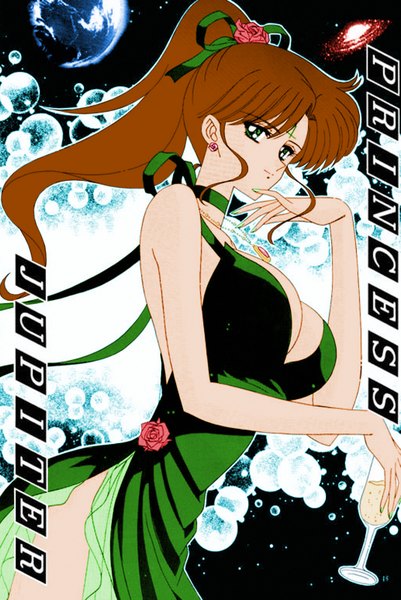 Anime picture 1070x1600 with bishoujo senshi sailor moon toei animation kino makoto long hair tall image breasts light erotic brown hair large breasts green eyes cleavage ponytail nail polish sleeveless girl dress ribbon (ribbons) hair ribbon earrings pendant