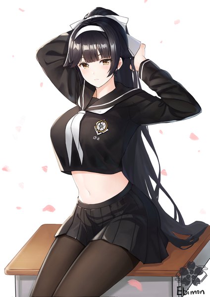 Anime picture 2481x3508 with azur lane takao (azur lane) takao (academy romantica) (azur lane) abab xiaxia ebi (ebimon0) single long hair tall image looking at viewer blush fringe highres breasts black hair simple background white background sitting brown eyes signed ponytail