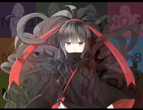 Anime picture 1240x960 with kagerou project shaft (studio) azami (kagerou project) pineapple (a30930s) single long hair looking at viewer black hair red eyes ponytail girl ribbon (ribbons) hair ribbon cape snake