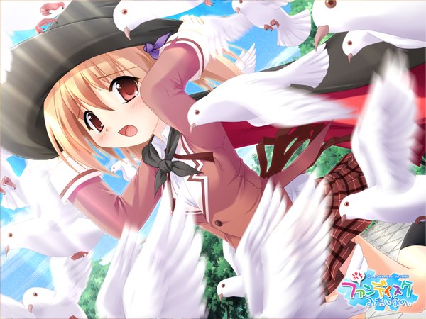 Anime picture 1600x1200 with scarlett single looking at viewer short hair open mouth blonde hair red eyes girl skirt uniform school uniform hat animal bird (birds) pigeon