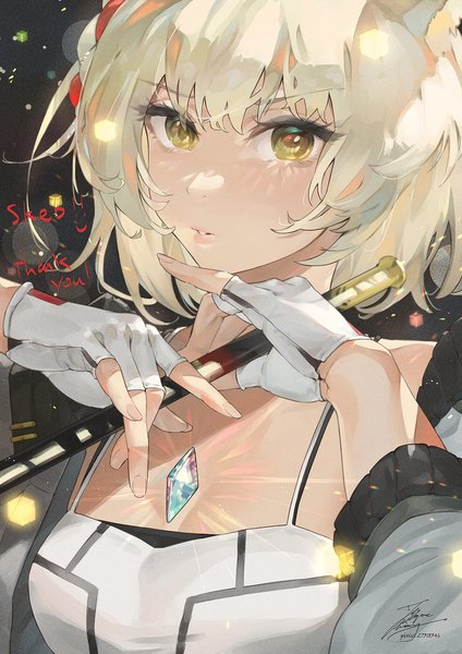 Anime-Bild 1061x1500 mit xenoblade xenoblade 3 mio (xenoblade) fadingz single tall image looking at viewer fringe short hair blonde hair holding signed animal ears yellow eyes upper body parted lips cat ears arms up open jacket thank you